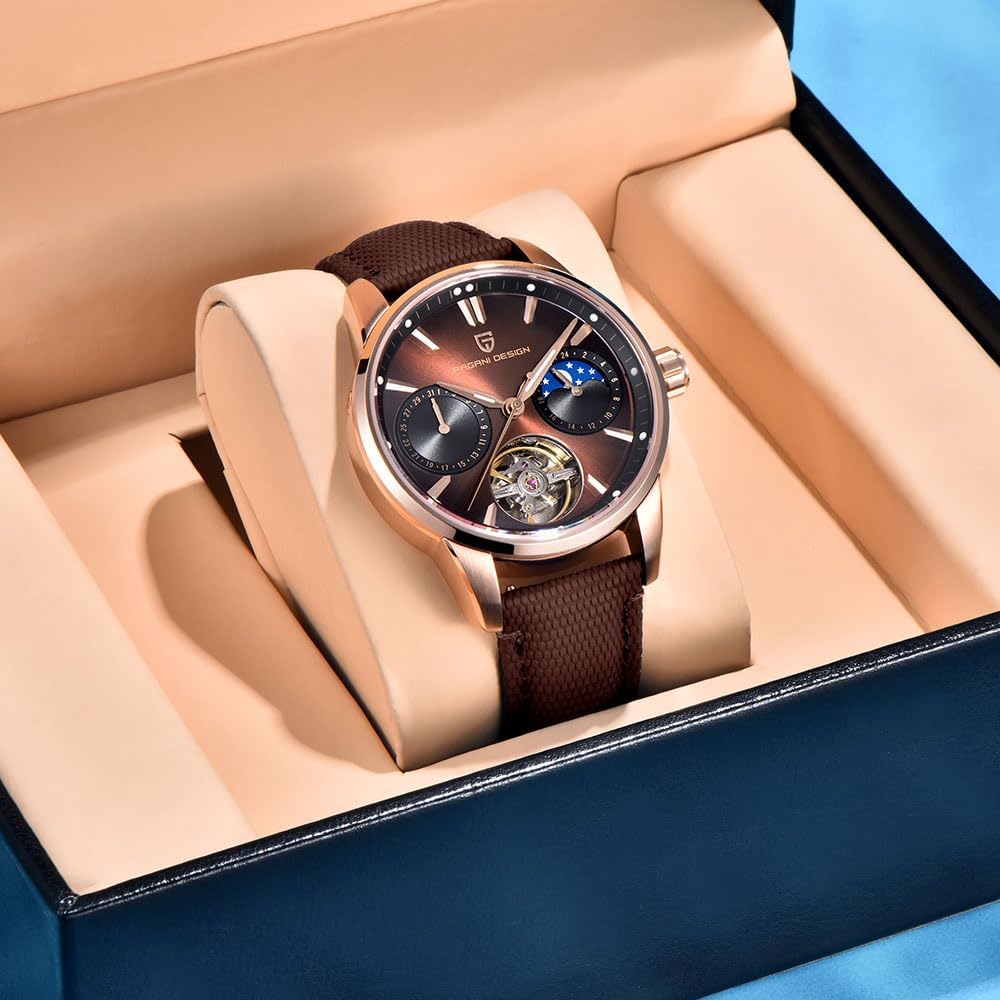 Pagani Design Luxury Men's Automatic Watch Skeleton Tourbillon Moon Phase Stainless Steel 100m Waterproof Leather Strap Men's Mechanical Watch