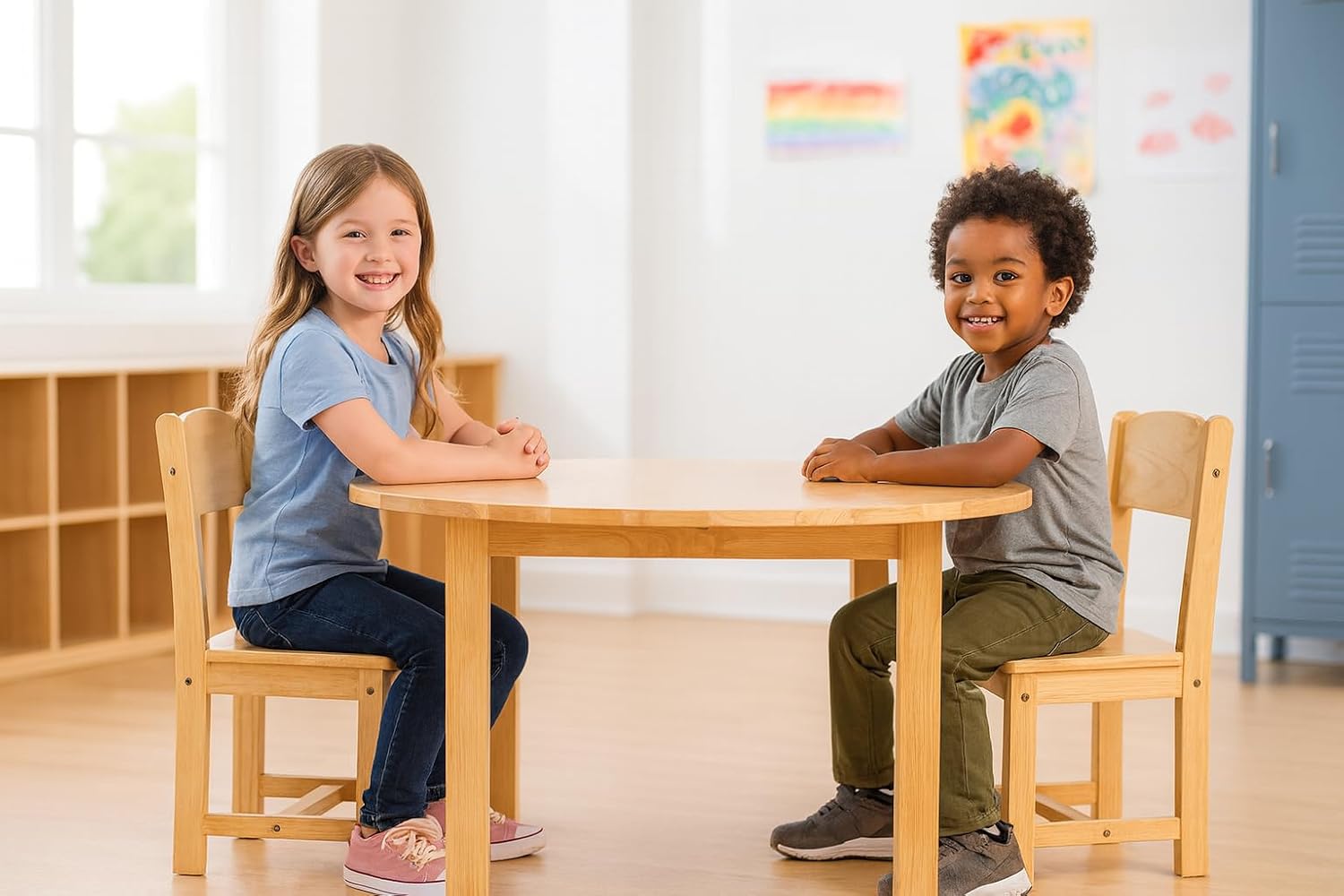 Constructive Playthings Deluxe Solid Hardwood Round Table and Chairs for Classroom/Playroom/Daycare, Ideal for Kindergarten Through 3rd Grade, 36 x 21 Inch Round