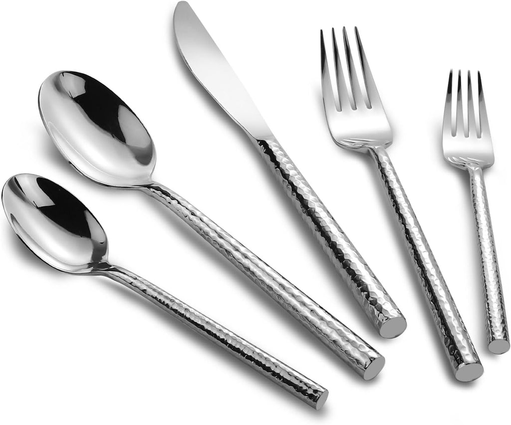 18/10 Stainless Steel Flatware Set Hand Forged Silverware Set Cutlery Set Round Hammered Handle Mirror Finished Heavy Duty 40 Pieces Service for 8