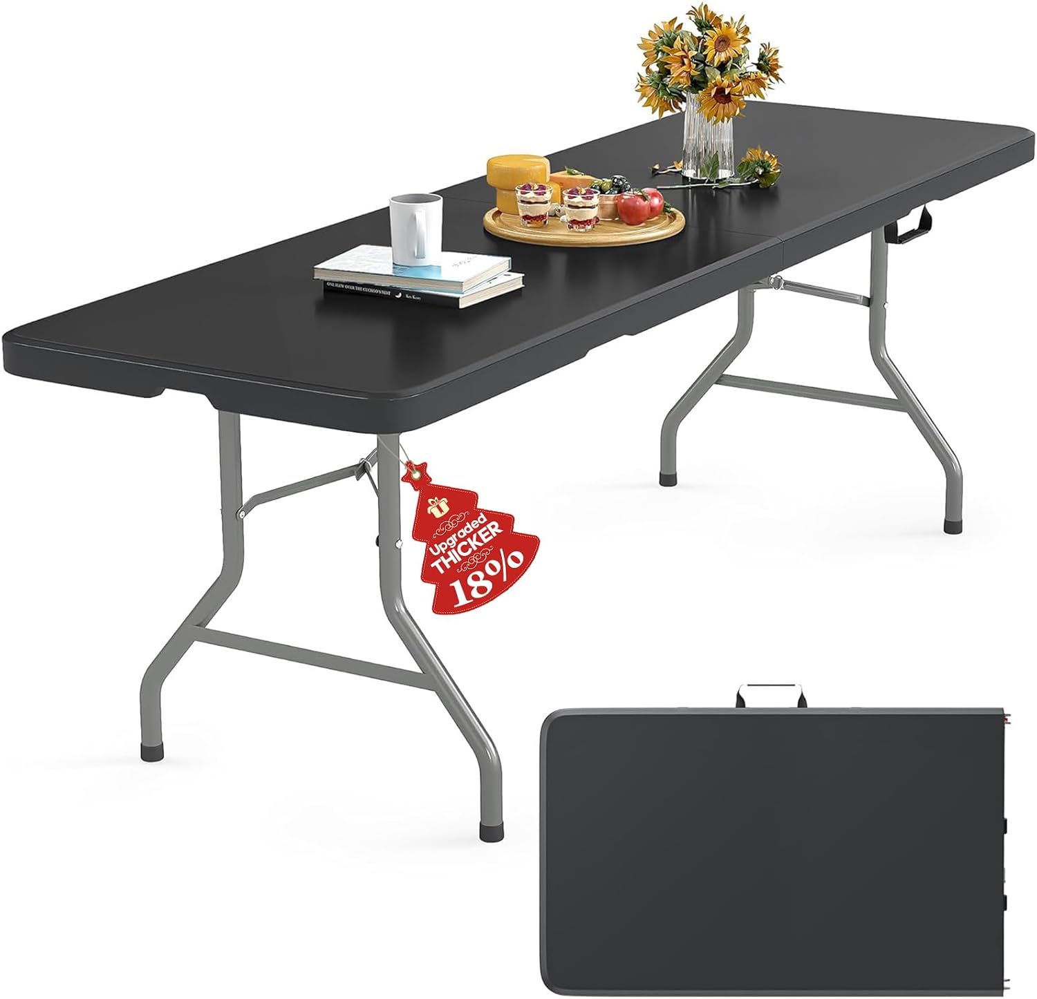 RUIE 8 Foot Folding Table with Carrying Handle, HDPE Foldable Table Indoor Outdoor Heavy Duty Portable Plastic Table, Folding Tables for Picnic Camping Party, Black