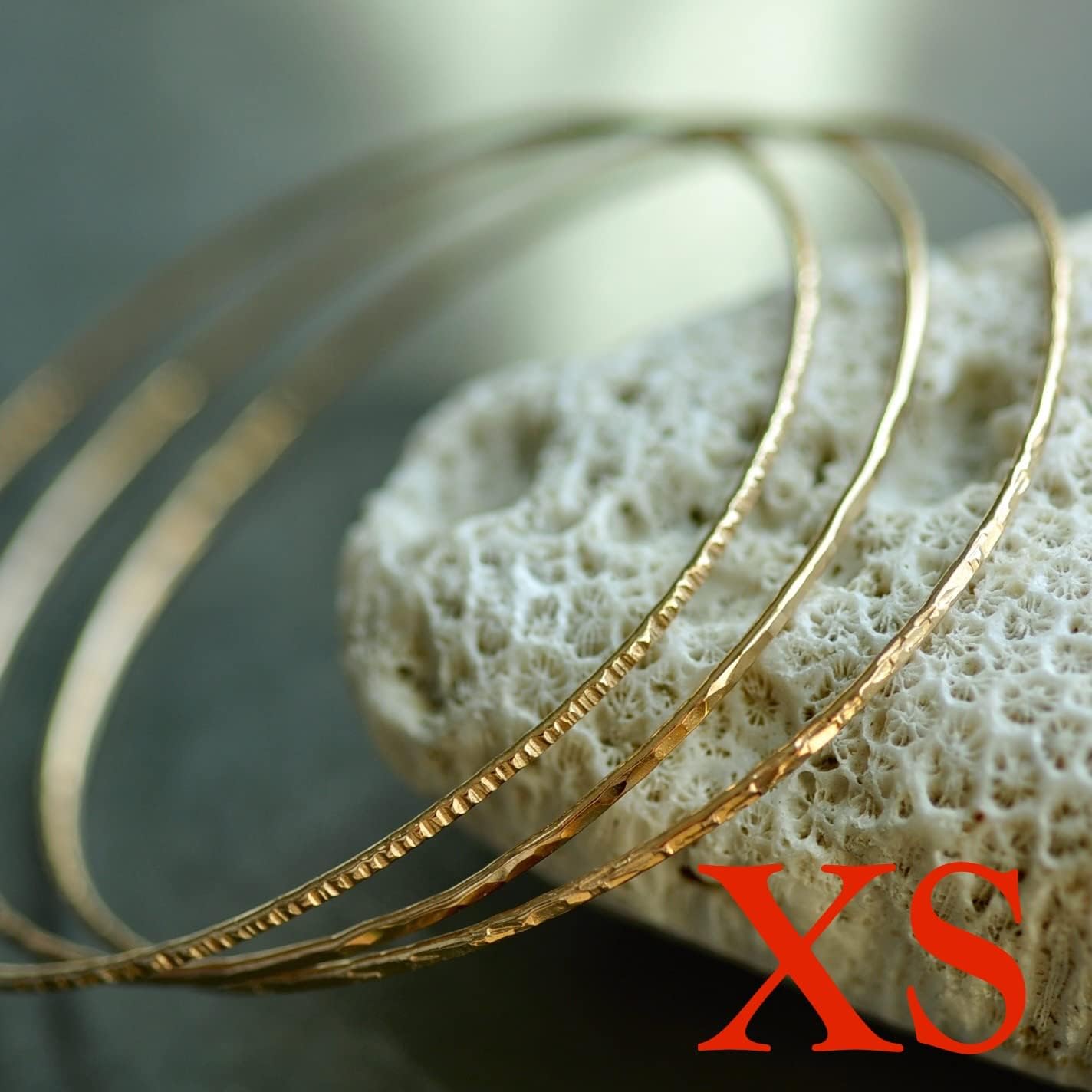 14k gold filled Bangles hammered slip on set of 3 textures, Mu-Yin Jewelry Handmade in USA