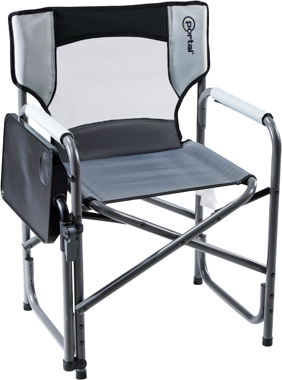 Portal Folding Director Chair with 2-Way Rotating Side Table, Heavy Duty 300 lb Camping Chair with Swivel Tray & Cup Holder, Ergonomic Mesh Back Portable Outdoor Seat for RV, Tailgating & Lawn, Grey