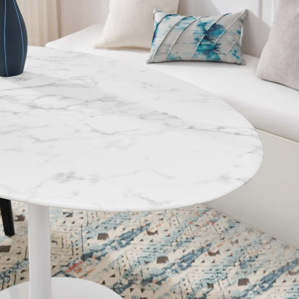 Modway Lippa 54' Oval-Shaped Mid-Century Modern Dining Table with Artificial Marble Top and White Base