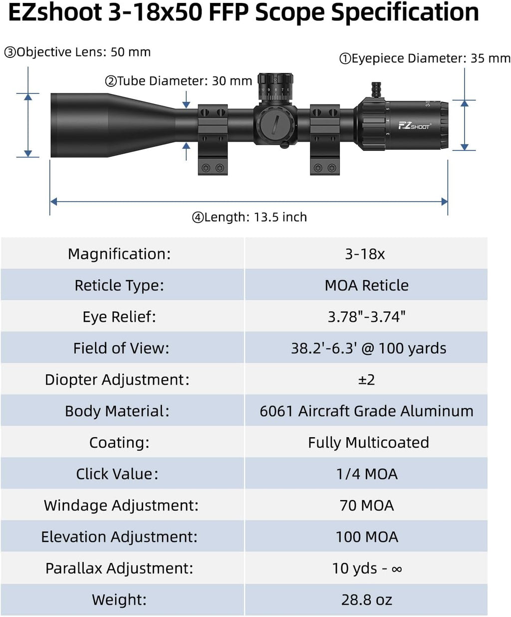 EZshoot FFP Rifle Scope with Zero Stop, MOA Illuminated Reticle, Parallax Adjustment, 30mm Tube Long Range Scope for Hunting, First Focal Plane Riflescope