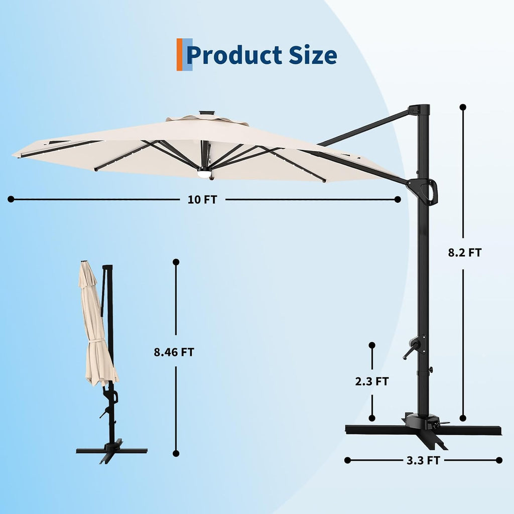 Garvee 10 ft Cantilever Patio Umbrella with Solar Lights, 360° Rotation Offset Umbrella, Easy Crank & Tilt Adjustment, UV Protection for Backyard, Poolside, Deck -Beige