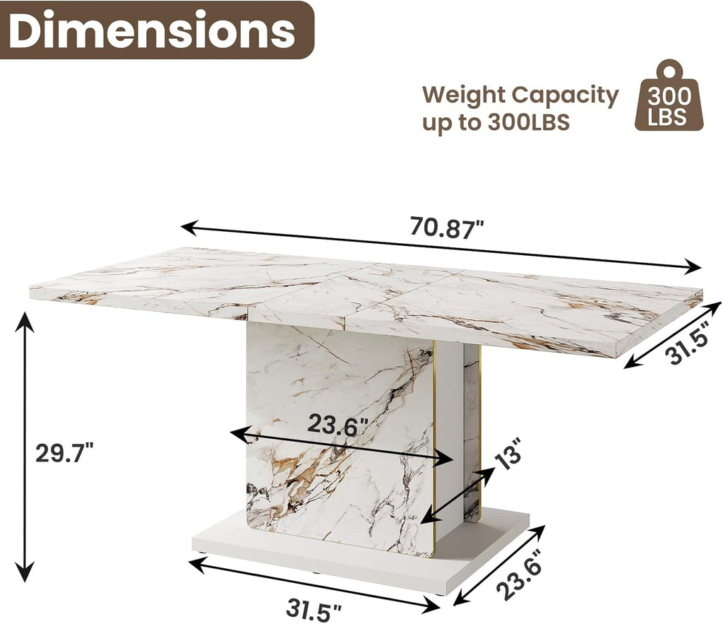 HOMISSUE 70' Faux Marble Dinner Table，Rectangle Modern White Dining Table for 6-8 People，Large Kitchen Furniture Table with Sturdy Base for Dining Room, Living Room, White