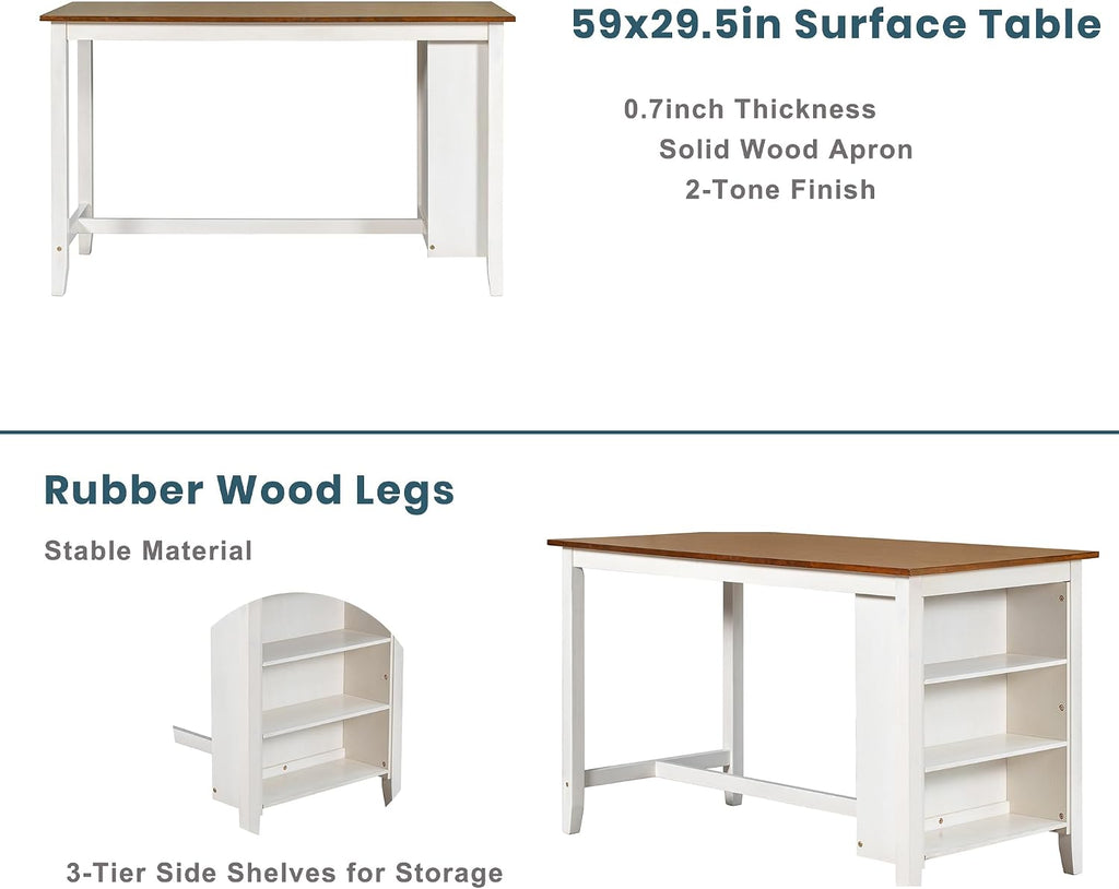 Harper & Bright Designs 5 Pieces Counter Height Wooden Bar Table Set with 3-Tier Shelf, 2 stools and 2 Chairs, Rustic Farmhouse Dining Table Set for 4, White