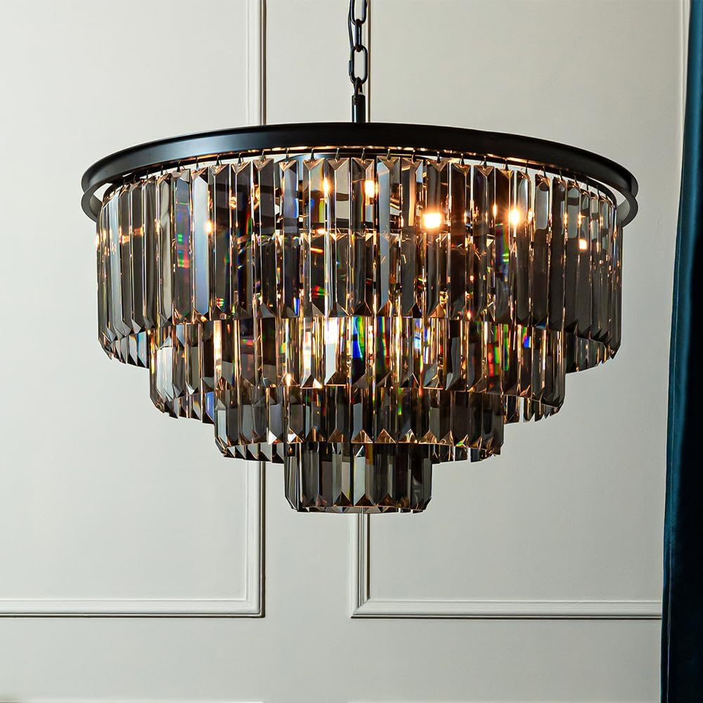ALOADECOR 10-Light W32 in. Modern Odeon 4-Tier Round Fringe Crystal Chandelier in Matte Black Finish Frame with Smoke Crystal Accents Dual-Use Light for Dining Room Living Room Bedroom