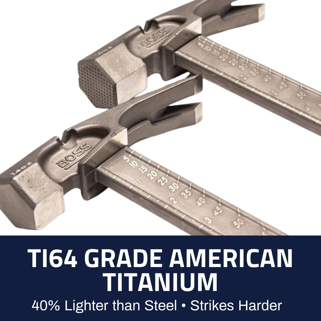 Boss Hammer 16 oz. Pro Series Titanium Hammer with Over-Molded No-Slip Rubber Grip - Construction Grade, Dual Side Nail Pullers, Milled Face - Made in the USA - BH16TIM