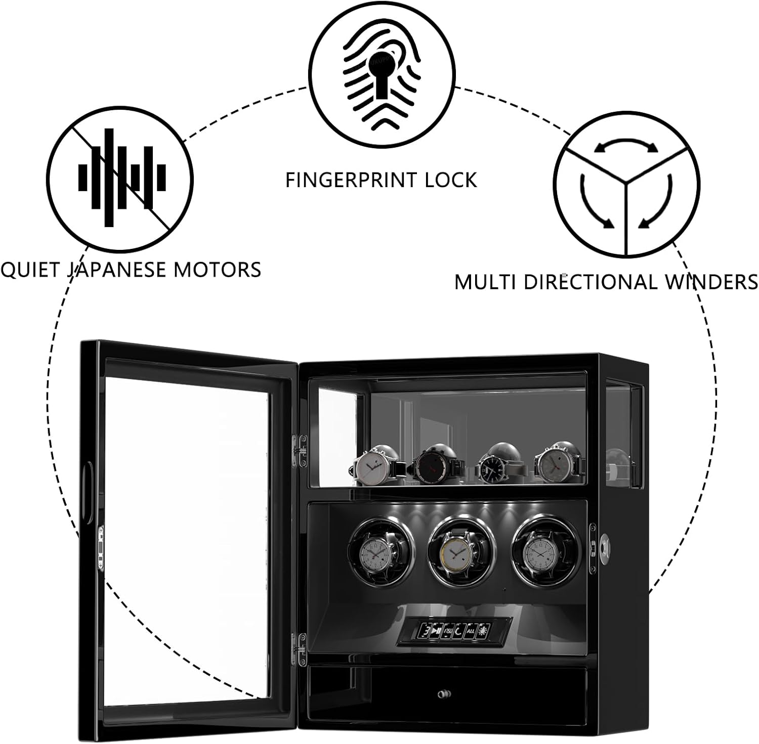 DUKWIN Watch Winder, Fingerprint Lock Automatic Watch Winder for 3/6/9 Watches with 4 Holders,300-2300 TPD,Digital Display, Remote Control,Jewelry Storage and Adjustable Watch Pillow and LED Light