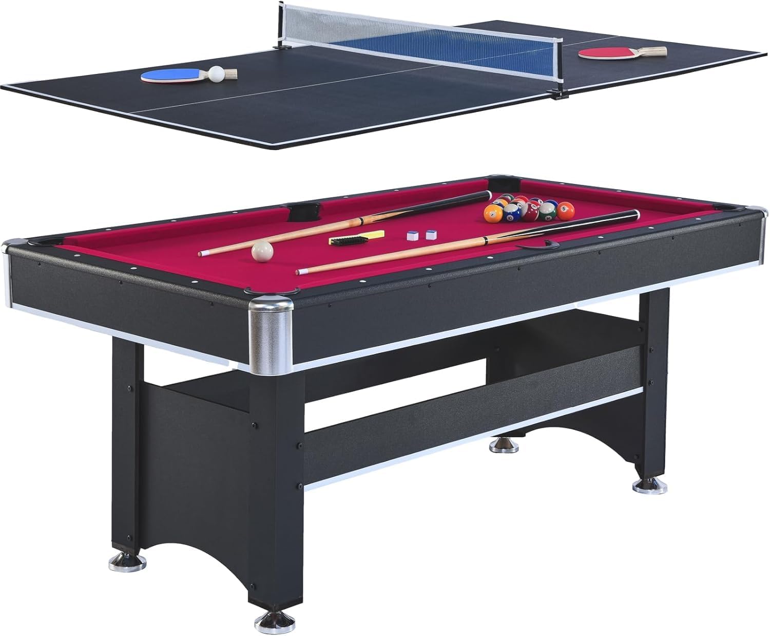 2 in 1 Pool and Table Tennis Multi Game Table, 6-Foot Modern Billiards Table with Conversion Top of Table Tennis Includes Cues, Paddles and Balls