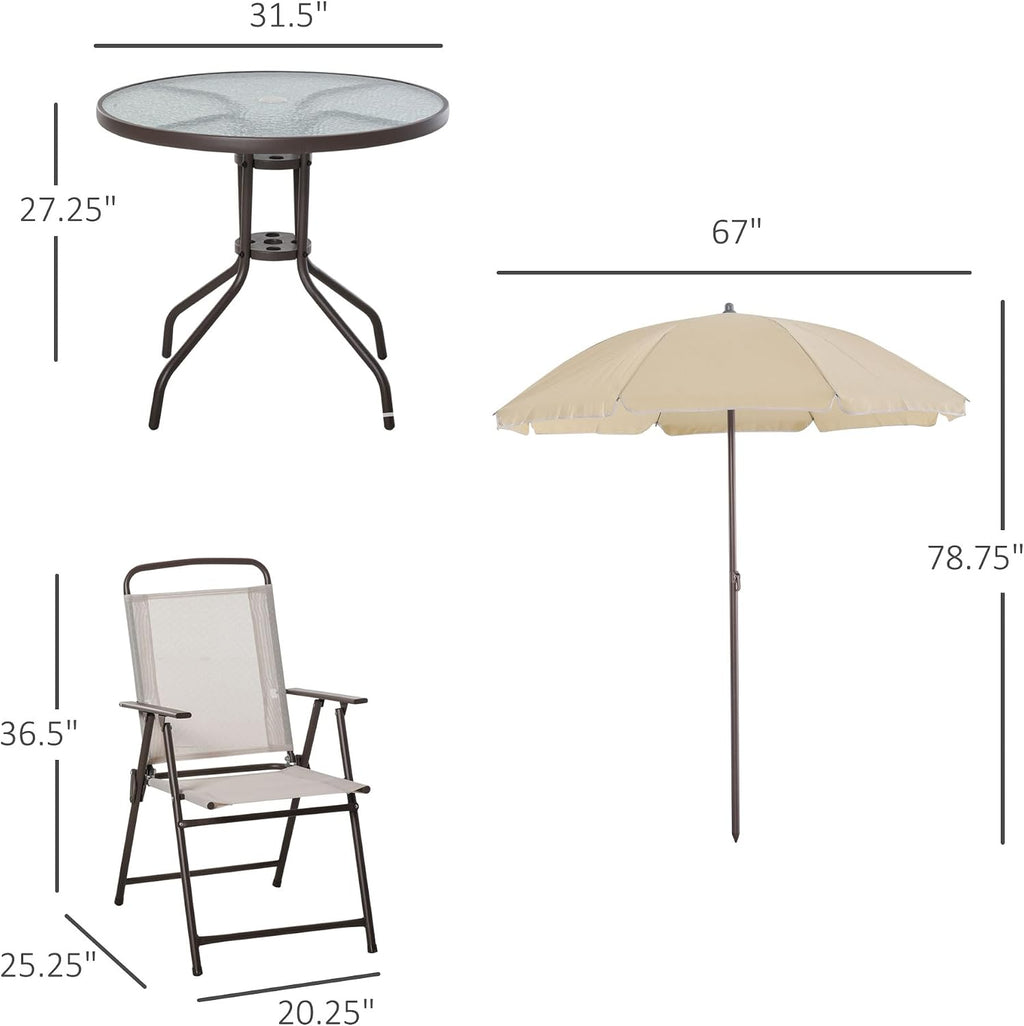 Outsunny 6 Piece Patio Dining Set for 4 with Umbrella, Outdoor Table and Chairs with 4 Folding Dining Chairs & Round Glass Table for Garden, Backyard and Poolside, Beige
