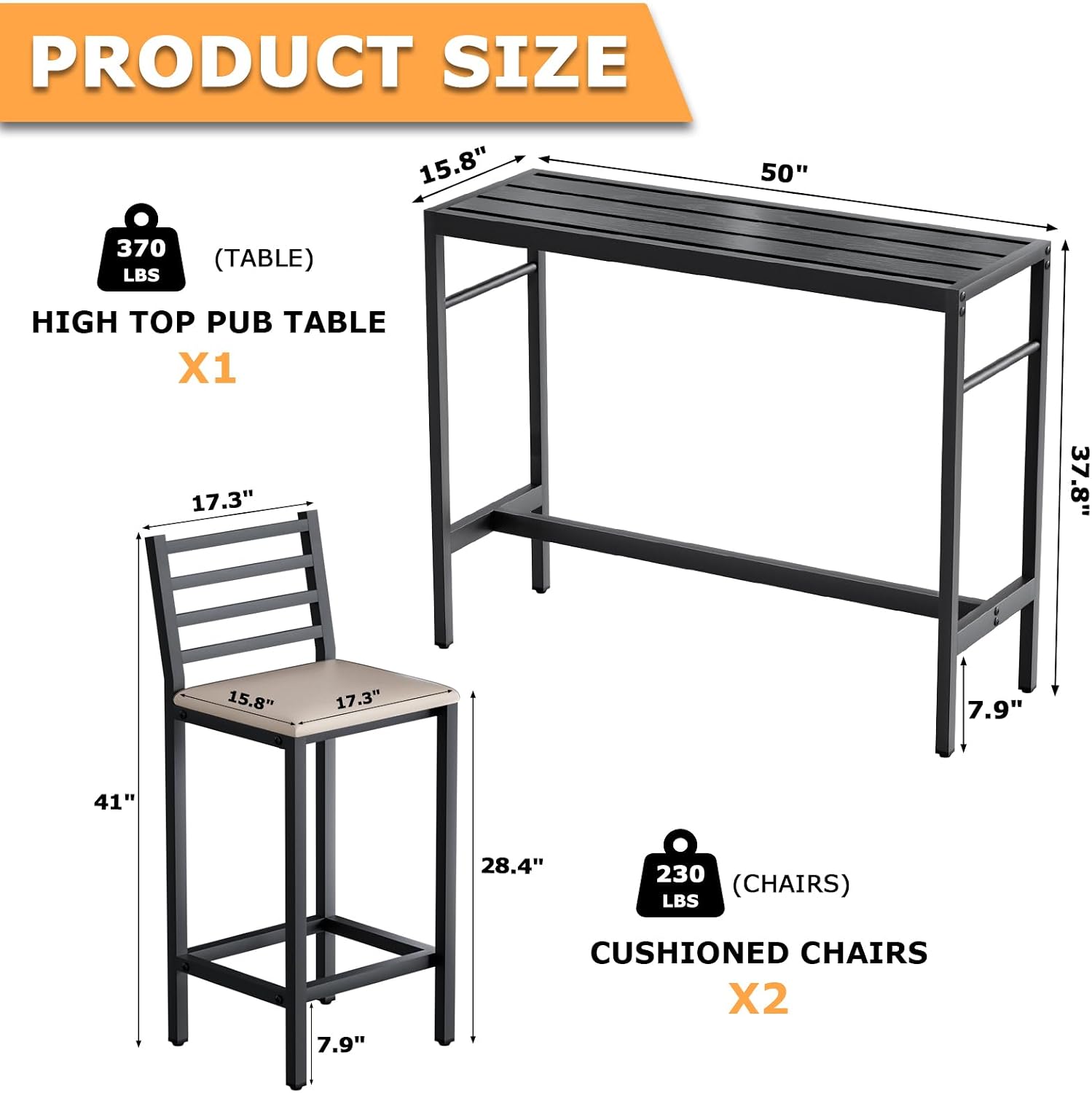 Outdoor Patio Bar Set 3 Piece,50' Rectangular Counter Height High Top Bar Tables, 2 Cushioned 41' Bar Stools, Metal Bar Table and Chairs Set for Poolside, Balcony, Backyard, Porch