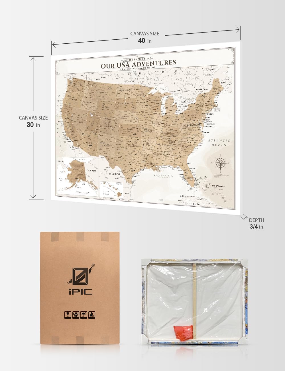IPIC - Vintage Push Pin United States Map Canvas Wall Art, Oversized US Travel Map Print for Home, Office, Study or RV, Push Pin Board Decor to Track Your Travels, Ready to Hang