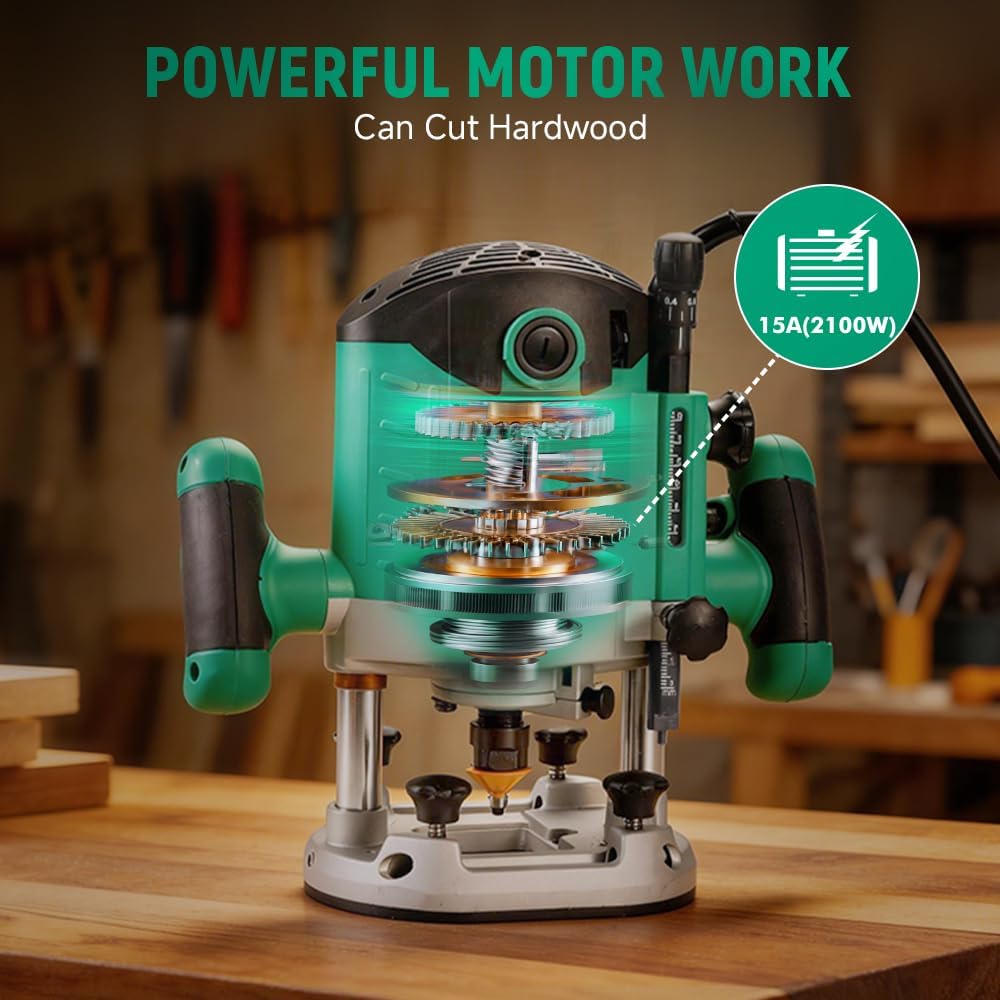 Hoteche 2100W Wood Router, 8000-23500RPM, 0-55MM Depth, 1/2' Collet, Aluminum Base with Complete Accessories
