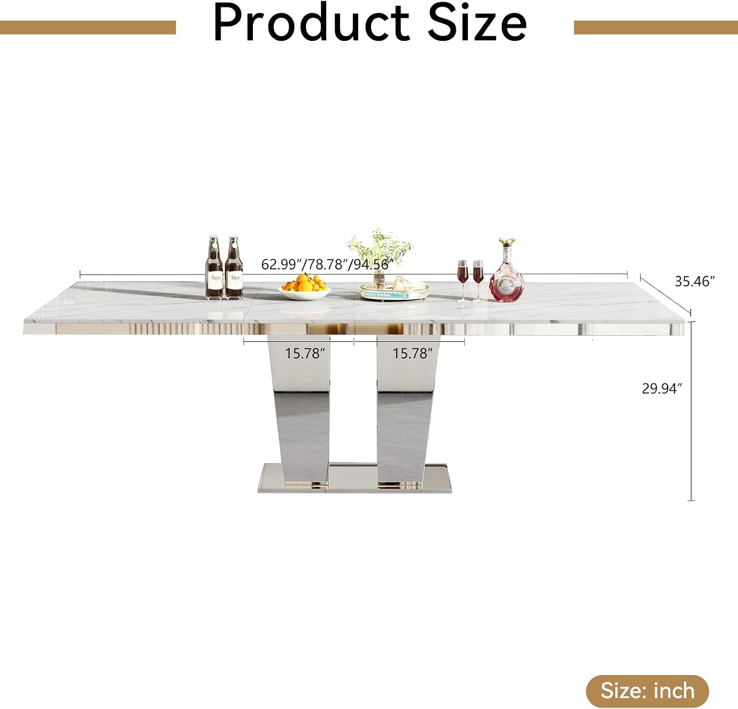94 inch Extendable Dining Table for 6 8 10, Modern Expandable Kitchen Table with White Faux Marble Top & Silver Mirrored Base, Large Luxury Faux Marble Dining Room Table for Dinner Family Gathering