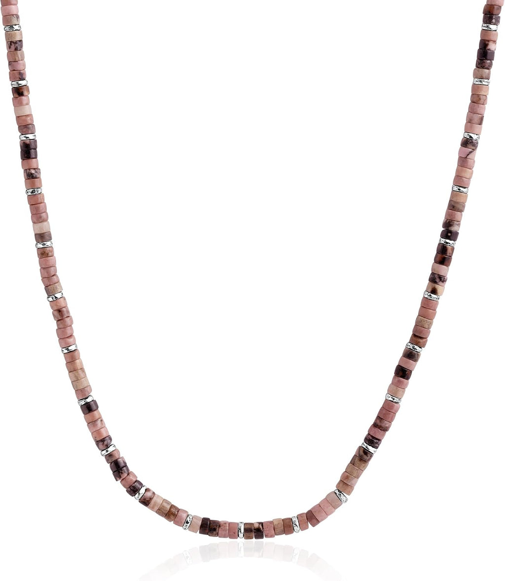JEAN RACHEL JEWELRY Men's 3-Piece Necklace Layering Set - Hammered Link Chain, Box Chain & Rhodonite Beads - Rose Black Bundle