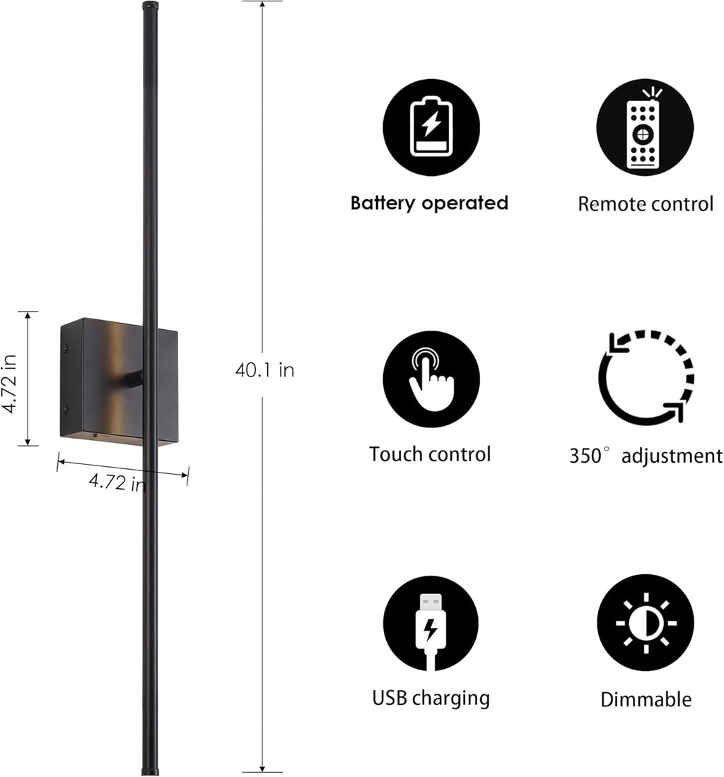 KARTOOSH 40.1 Inch Wall Sconces Battery Operated for Bedroom Hallway, Rechargeable Wireless Wall Lamp Set of 2, 3000K Warm White Dimmable Wall Light w/Remote Timer Memory Indoor Sconce Decor, Black