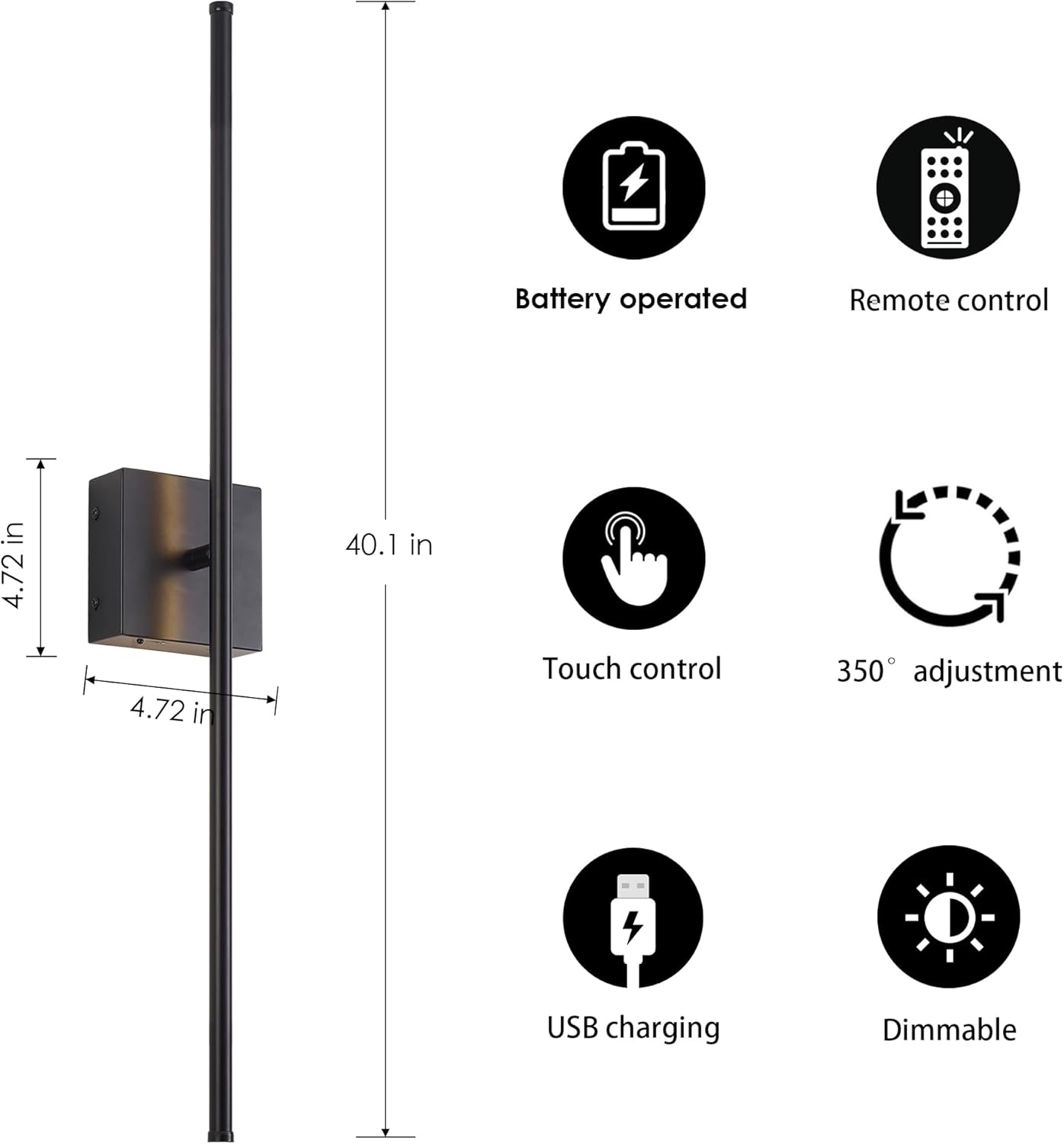 KARTOOSH 40.1 Inch Wall Sconces Battery Operated for Bedroom Hallway, Rechargeable Wireless Wall Lamp Set of 2, 3000K Warm White Dimmable Wall Light w/Remote Timer Memory Indoor Sconce Decor, Black
