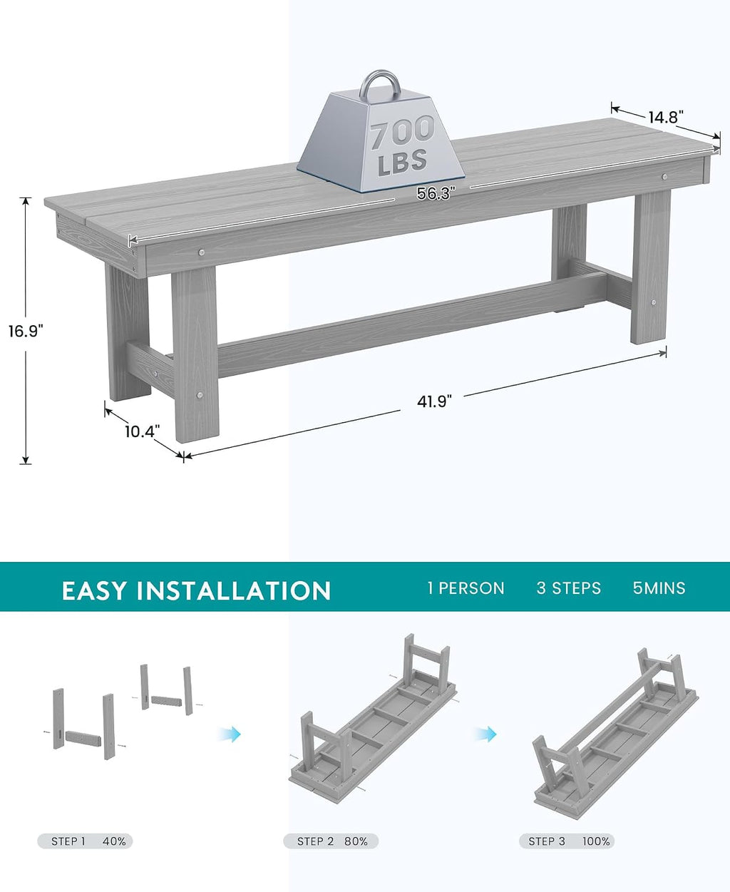 SERWALL Patio Dining Table and Bench Set for 6, Light Gray
