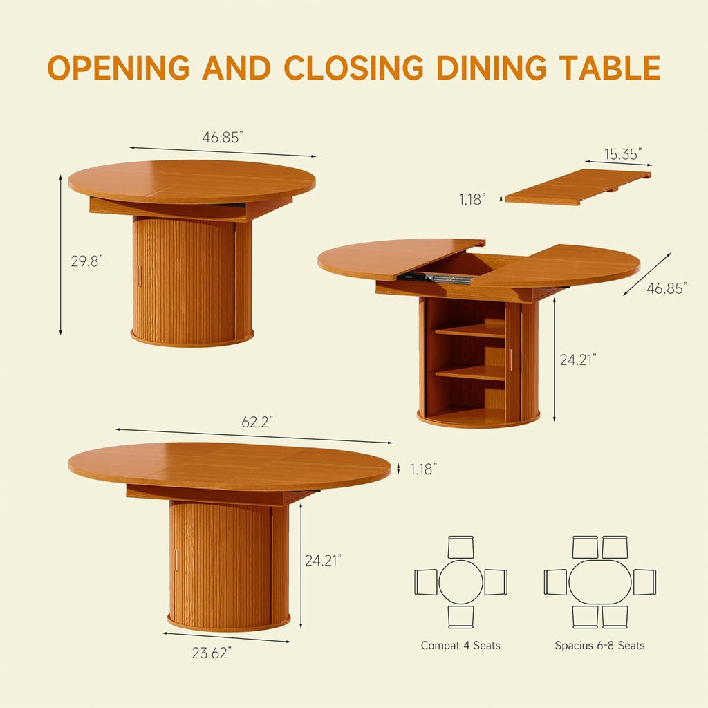 Extendable Round Dining Table: 47″–63″ Kitchen Table for 4 6 8 with Dust-Proof 2-Tier Storage Shelf Space Saving, Modern Farmhouse Expandable Wood Oval Circle Dinner Furniture with Pedestal Base