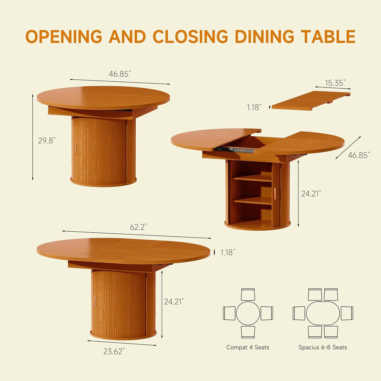 Extendable Round Dining Table: 47″–63″ Kitchen Table for 4 6 8 with Dust-Proof 2-Tier Storage Shelf Space Saving, Modern Farmhouse Expandable Wood Oval Circle Dinner Furniture with Pedestal Base