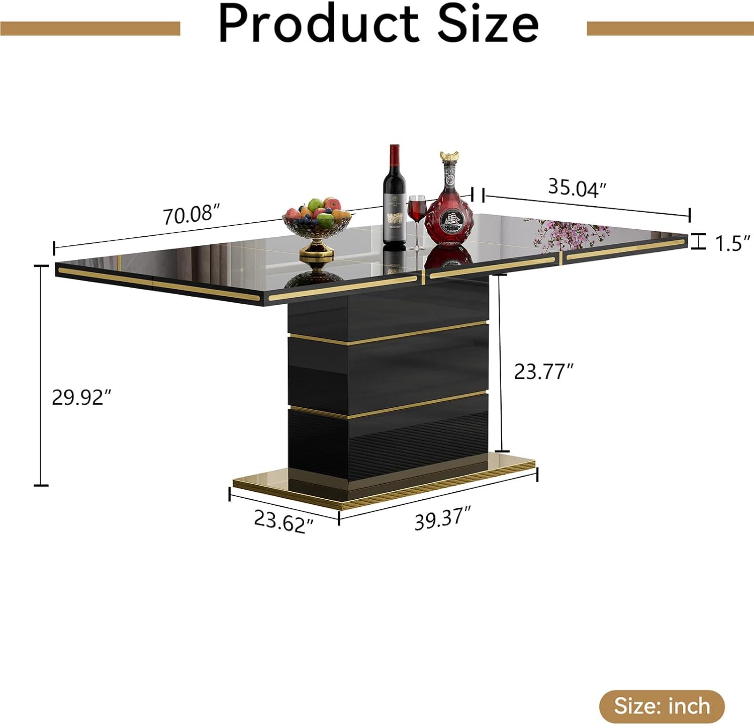 70 inch Black Dining Table for 4-6 People, Modern Kitchen Table with High Gloss Finish, Gold Stainless Steel Trims & Sturdy Pedestal Base, Luxury Dining Room Table for Dinner Party Family Gatherings