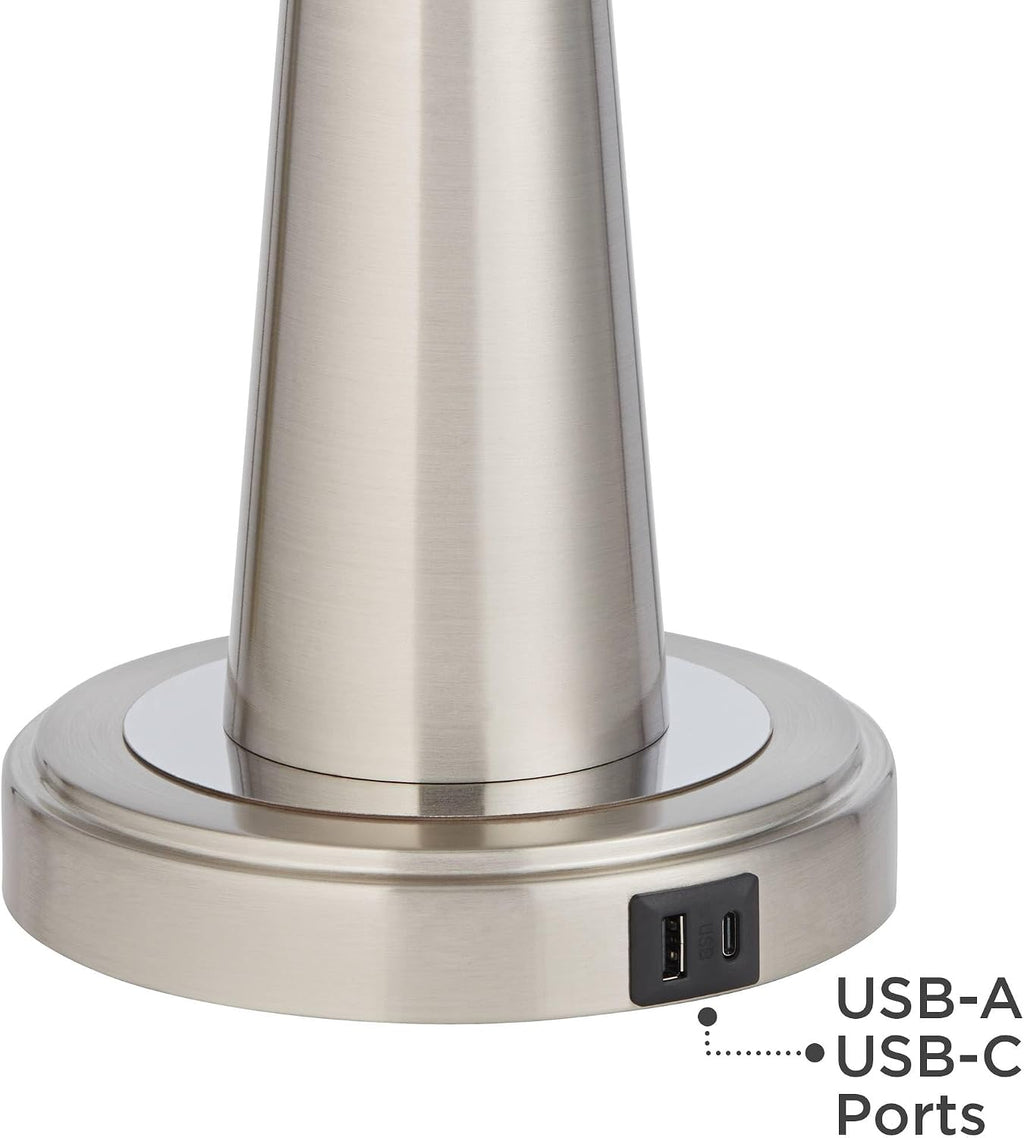 Possini Euro Design Vicki Modern Accent Table Lamps 23' Tall Set of 2 with USB Charging Ports Brushed Nickel Metal Cream Faux Silk Drum Shade for Bedroom Living Room House Desk Bedside Nightstand