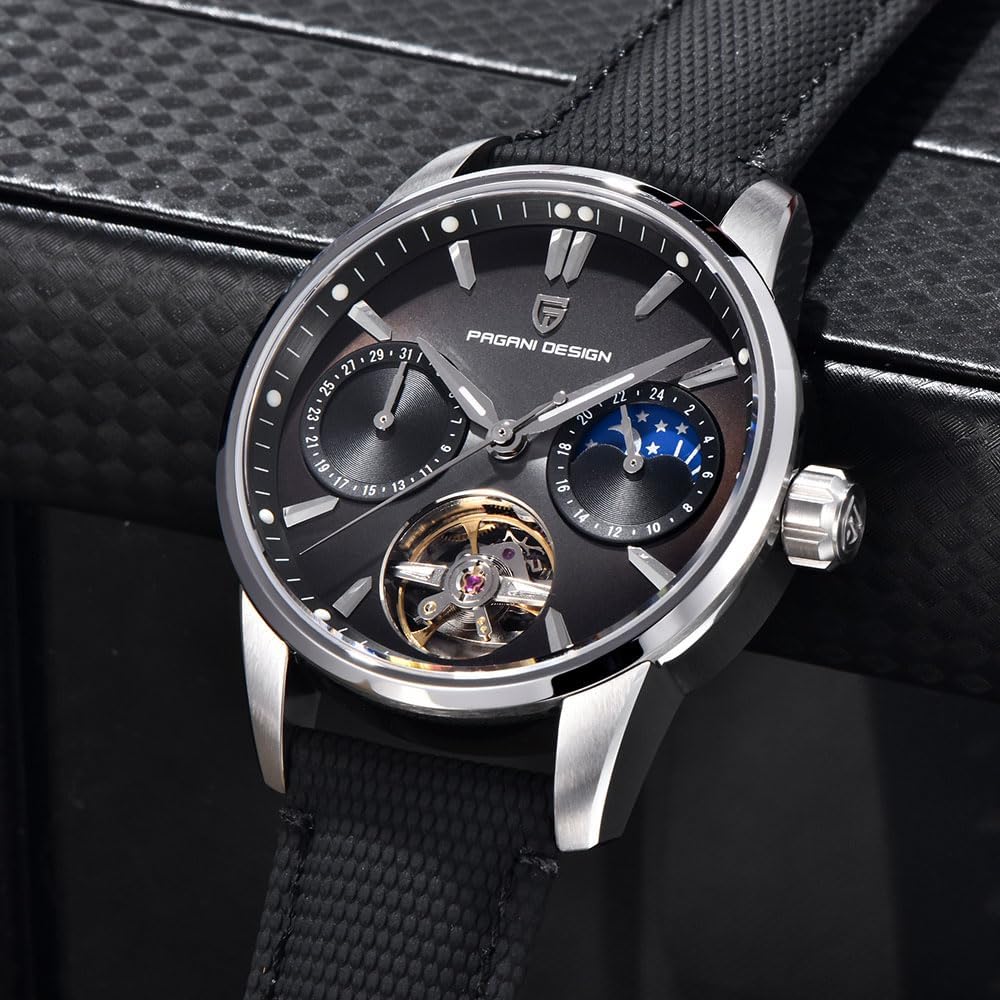 Pagani Design Luxury Men's Automatic Watch Skeleton Tourbillon Moon Phase Stainless Steel 100m Waterproof Leather Strap Men's Mechanical Watch