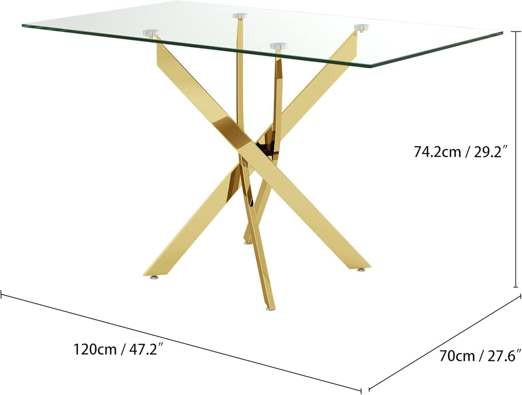 Tempered Glass Dining Table with Chromed Legs, 47' Modern Rectangular Kitchen Table for Dining Room Kitchen,Gold