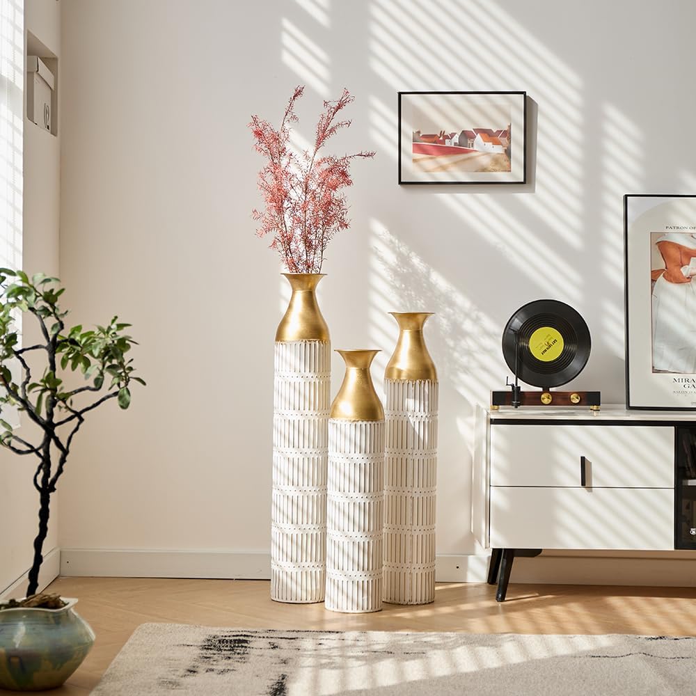 Floor Metal Decorated Vases Set of 3 for Gorgeous Home Decoration Large Glazed Metal Vases (Retro White)