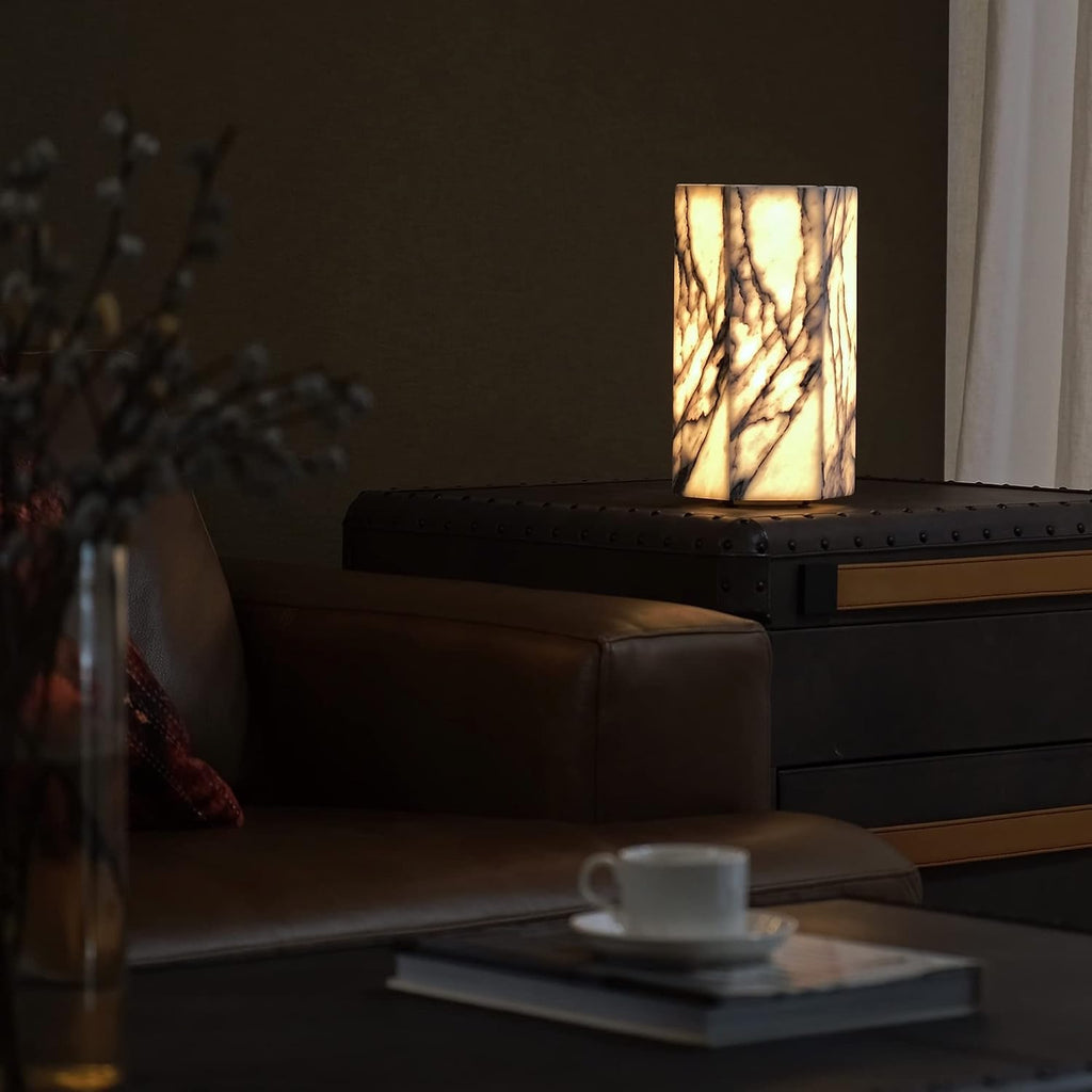 Handcrafted Real Marble Table Lamp, Stone Lamp with Tri-Color Dimmable LED, Bedside Lamp, Small Table Lamp for Home Decor, Accent Table Lamp for Bedroom Living Room, Hexagon
