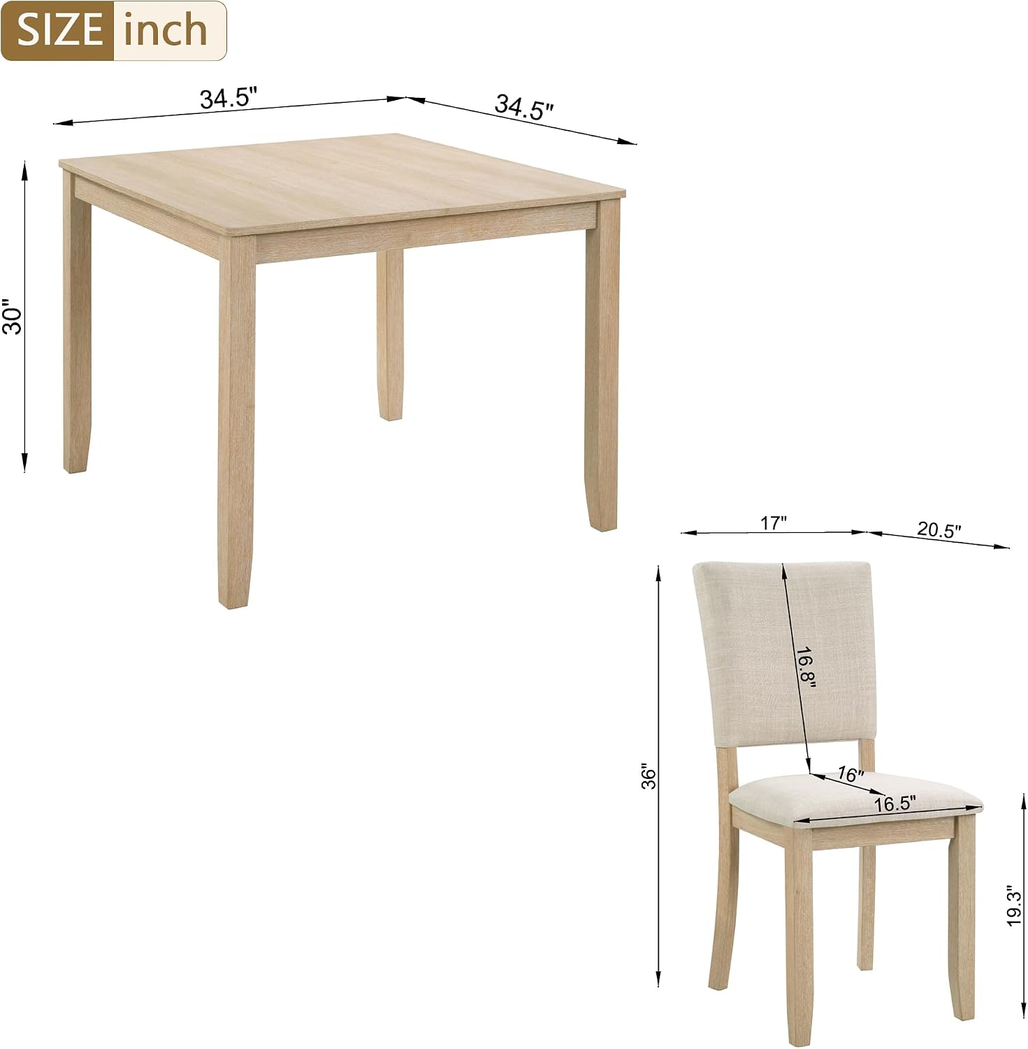 KEIKI 5-Piece Standard Height Dining Table Set with Square Table, 4 Upholstered Curved Backrest Chair, for 4 Person, Modern Style Table Set, Easy Assembly, for Kitchen, Dining Room, Light Oak+Beige