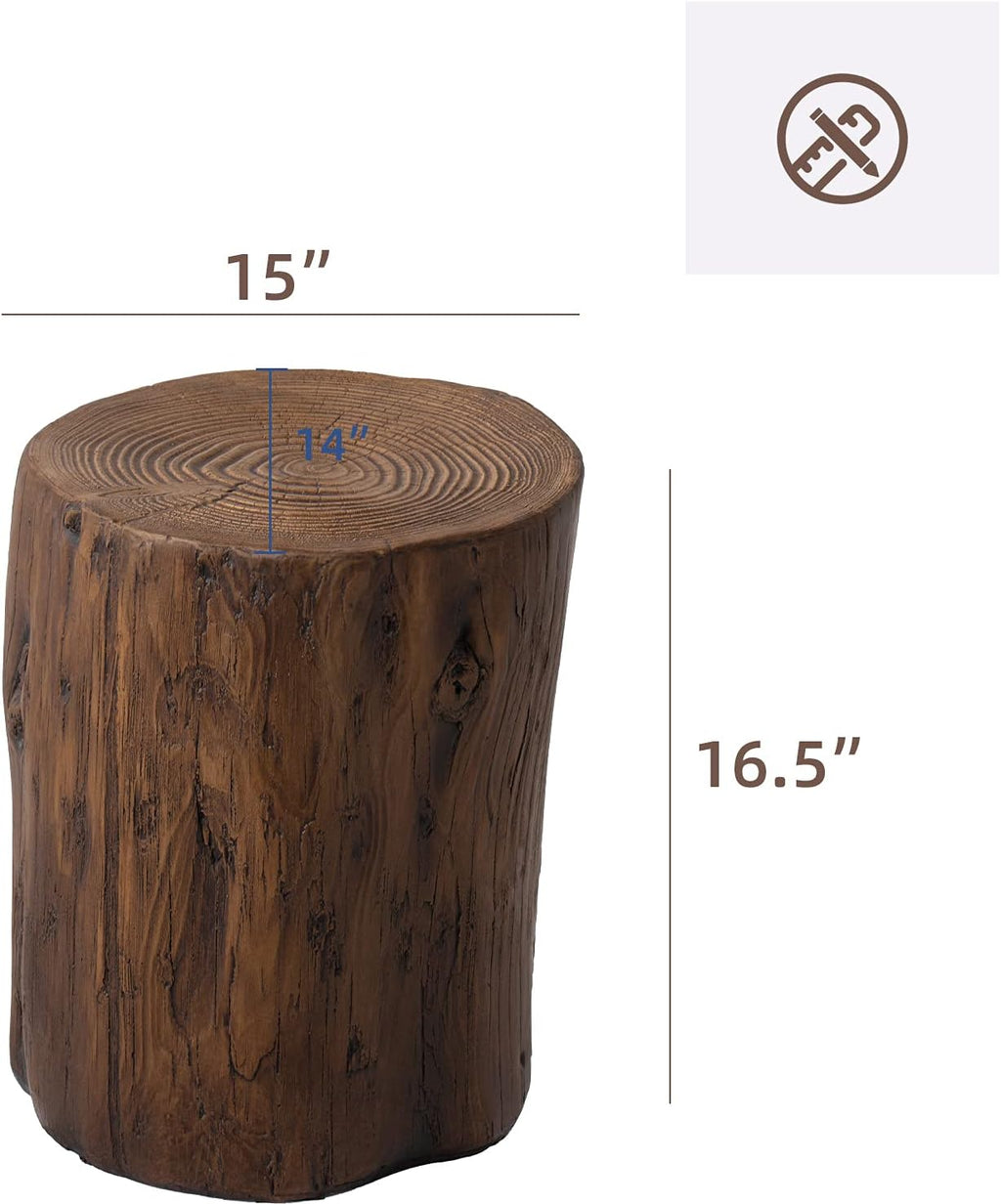 HOMPUS Concrete Outdoor Side Table Set of 2, 2 Piece Tree Stump Modern Round Coffee Table Accent Set Plant Stand Faux Wood End Table Garden Stool for Patio,Home Decor, Living Room, Dark Walnut