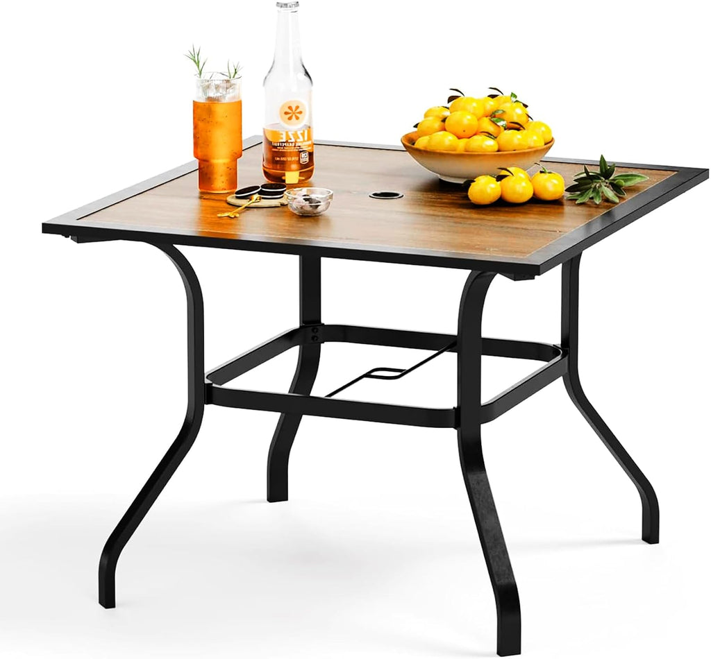 PHI VILLA 37' x 37' Patio Dining Table Outdoor Dining Furniture Umbrella Table with 1.57' Umbrella Hole, Steel Frame with Premium PVC Table Top for Patio, Lawn Garden