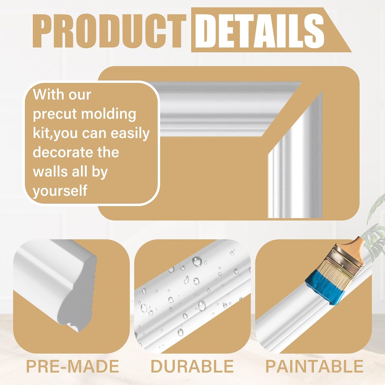 Pangda 3 Set Peel and Stick Wall Molding Kit Inner and Outer Layer Style Premade Wainscoting Panel for Interior Wall Moulding Decor Accent Wall Molding (24x48inch+48x 72inch)