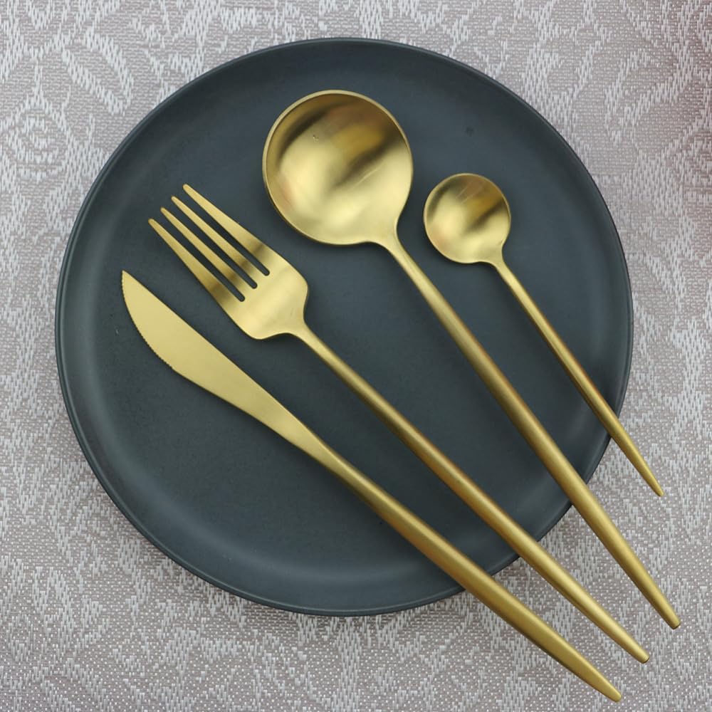 Silverware Flatware Cutlery Set, 4/16/24/32/40/48 Pieces Thick Stainless Steel Hammer Point Round Handle Cutlery Set Steak Knife, Fork and Spoon,Silver-1Set-4Pcs(Pink Gold-10Set50Pcs)