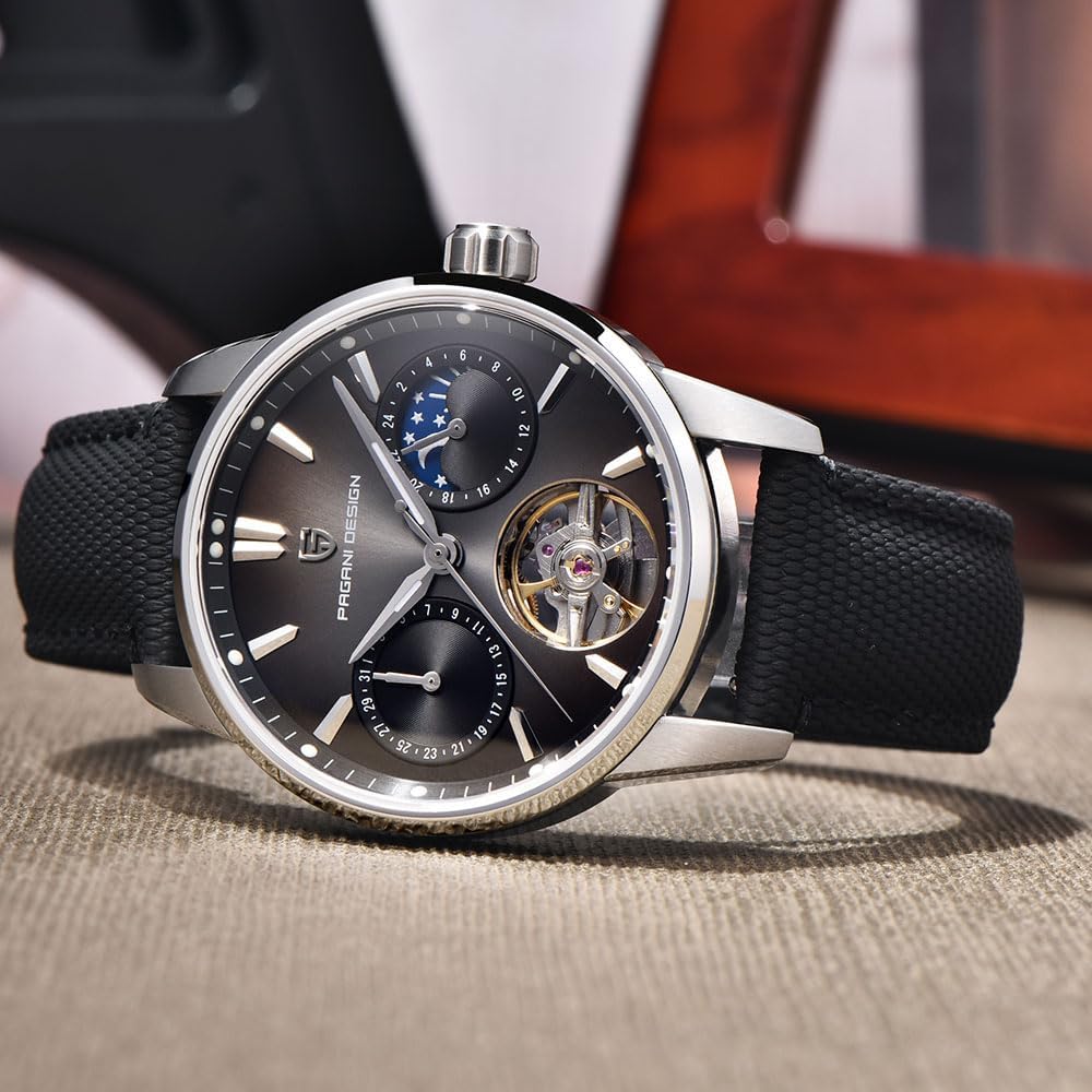 Pagani Design Luxury Men's Automatic Watch Skeleton Tourbillon Moon Phase Stainless Steel 100m Waterproof Leather Strap Men's Mechanical Watch