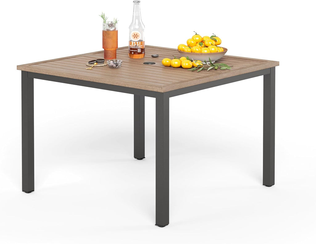 PHI VILLA Outdoor Patio Table, Square Metal Steel Slat Table with 1.57'- 1.9' Adjustable Umbrella Hole, Weather-Resistant Outdoor Dining Table for Garden Deck, 42' x 42' x 28.7', Brown
