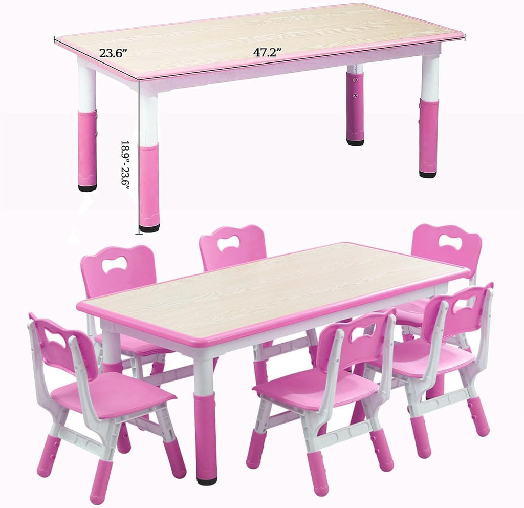 Garvee Kids Table and 6 Chair Set,47 in Modern Height Adjustable Toddler Table and 6 Chairs Set with Non-Slip Desk Legs&Organizer Graffiti Desktop, Preschool Activity Art Craft Tables for 6(Pink)
