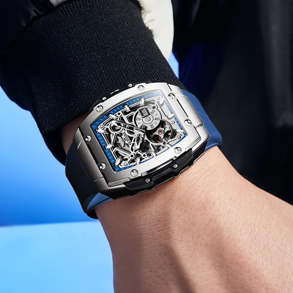 OLEVS Men Watches Business Dress Chronograph Big Square Quartz Analog Male Watch Silicone Strap Waterproof Date Gift Mens Wrsit Watch Silver
