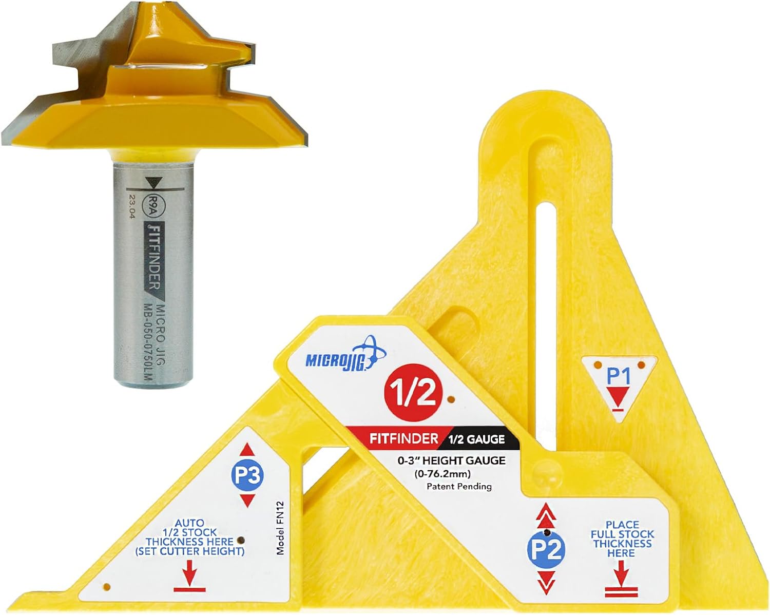 MICROJIG FITFINDER 1/2 Gauge and (R9A) 3/4' Lock Miter Bit with Center Index (1/2' shank) Bundle