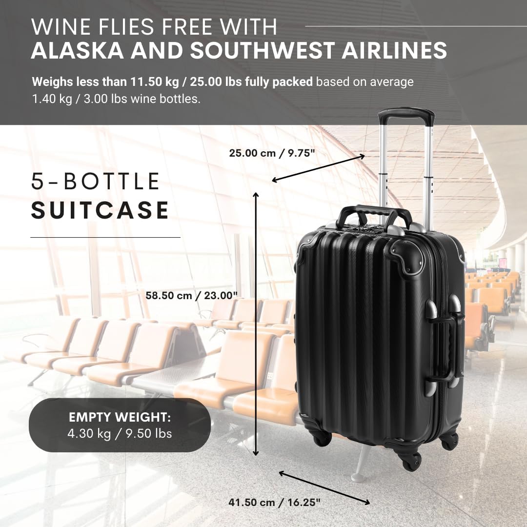 VinGardeValise® The Piccolo Wine Suitcase – 5-Bottle Travel Luggage, TSA-Approved, Durable Hard Shell, Shockproof Foam, Secure Bottle Protection for Enthusiasts & Collectors - Black