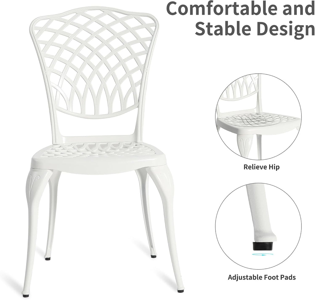 HOMEFUN Thickened Heavy-Duty Cast Aluminum Bistro Set of 2 Outdoor 3 Piece Patio Set with Padded Cushion, Ultra Sturdy Rustproof All-Weather for Garden Balcony, White