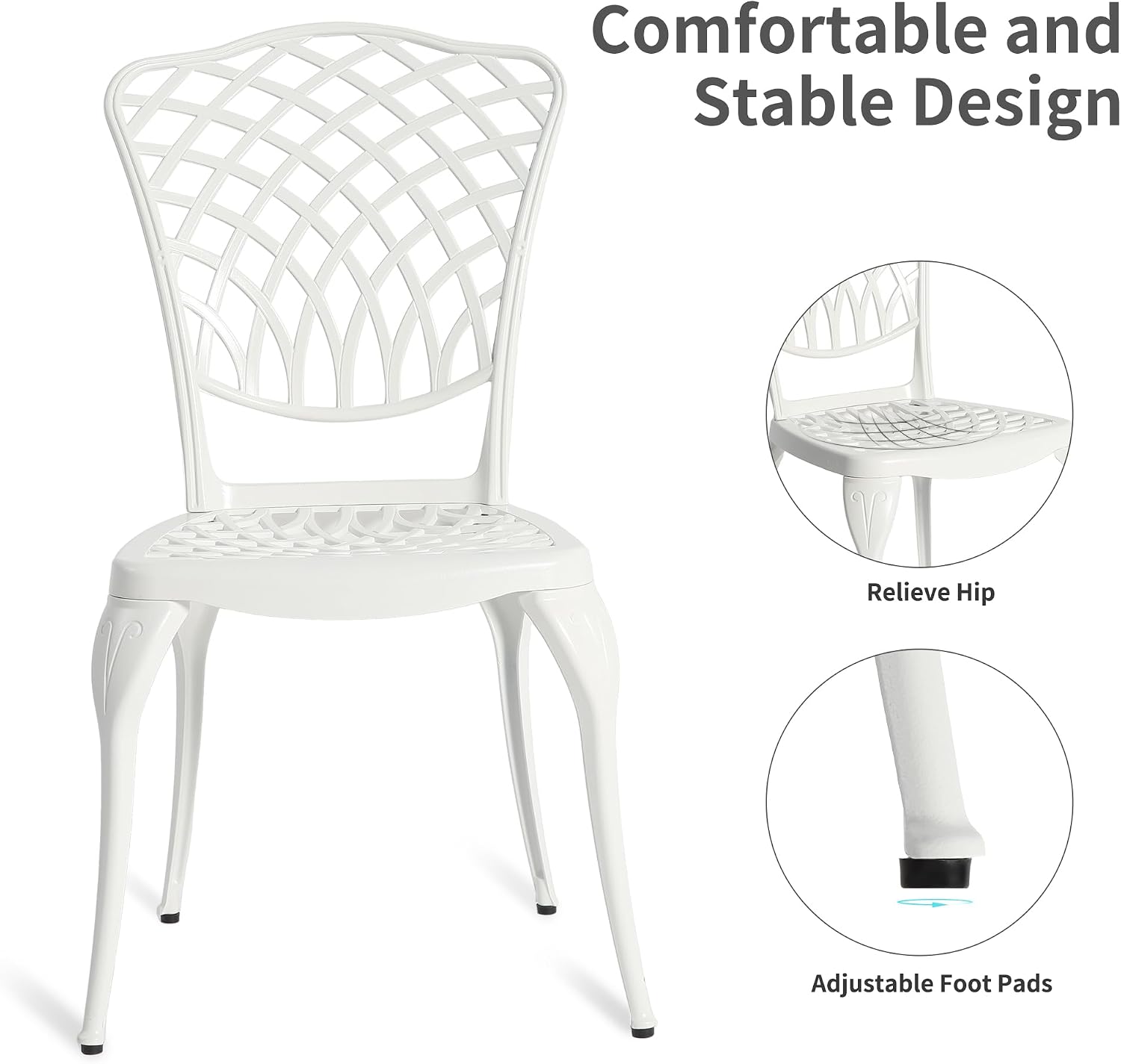 HOMEFUN Thickened Heavy-Duty Cast Aluminum Bistro Set of 2 Outdoor 3 Piece Patio Set with Padded Cushion, Ultra Sturdy Rustproof All-Weather for Garden Balcony, White