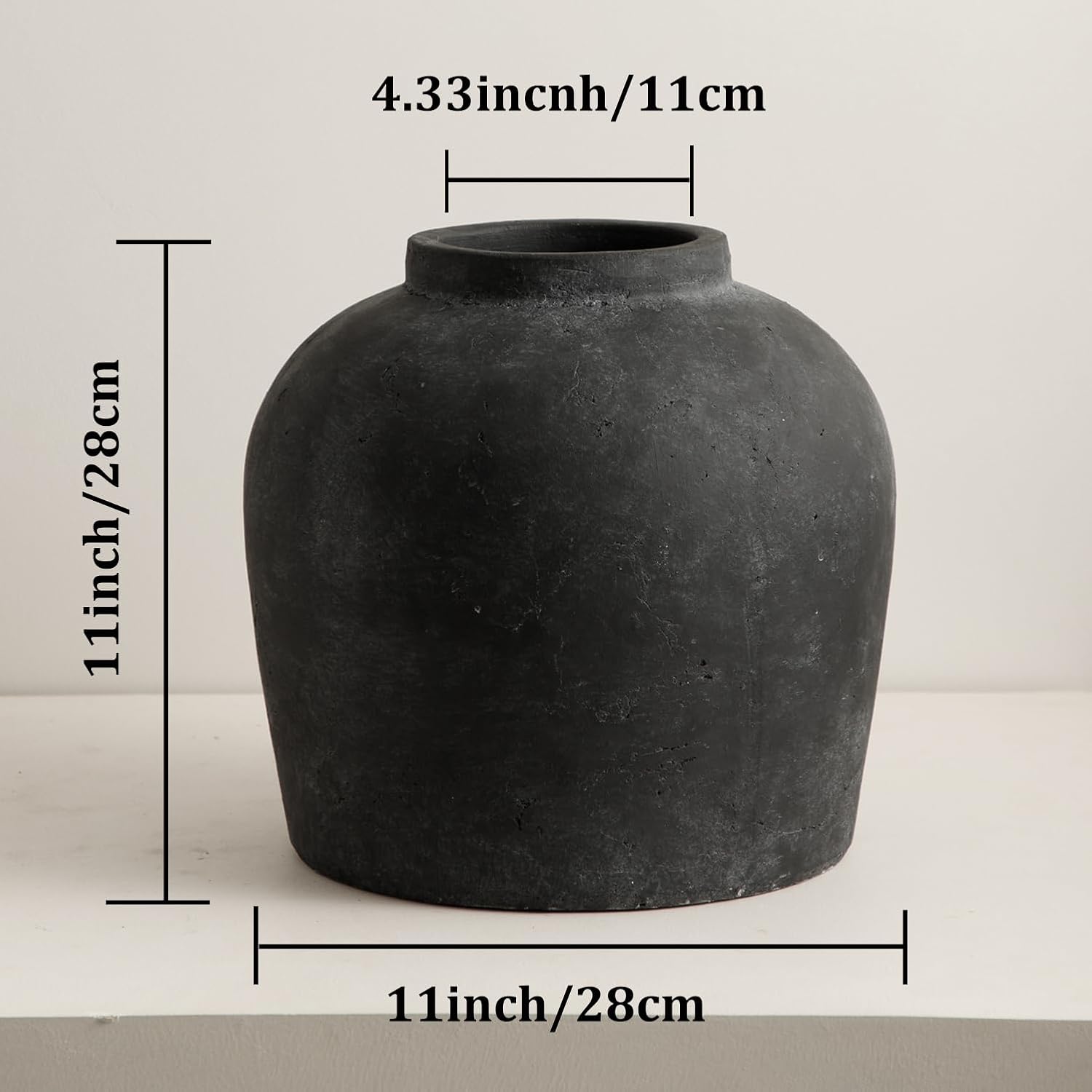 Large Ceramic Vase, 11' Rustic Farmhouse Terracotta Vase for Home Decor, Artisan Decorative Flower Vase for Living Room, Table Centerpiece, Bedroom (Rustic Black)