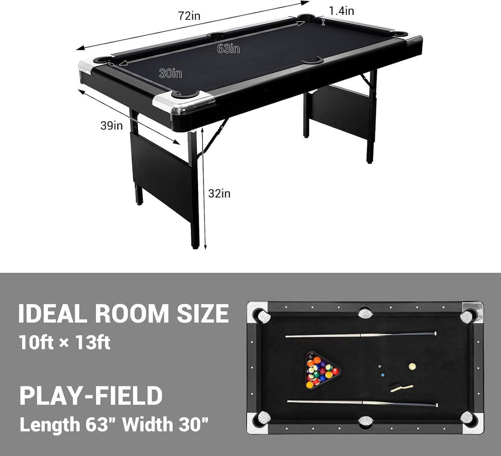 7 Foot Pool Table for Family, Foldable No Assembly Pool Table with Balls, Cues, Chalk, Rack & Brush, Portable Billiards Game Table for Apartment, Basement, Office & Game Room