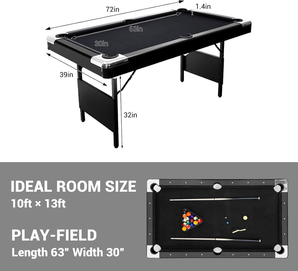 6,7 Foot Foldable Pool Table, Portable Billiards Table with Full Accessories Set, No Assembly, Metal k-Shaped Legs, Includes 16 Balls, 2 Cue Sticks, Chalk, Rack & Brush, Game Room Table for Home, Apar