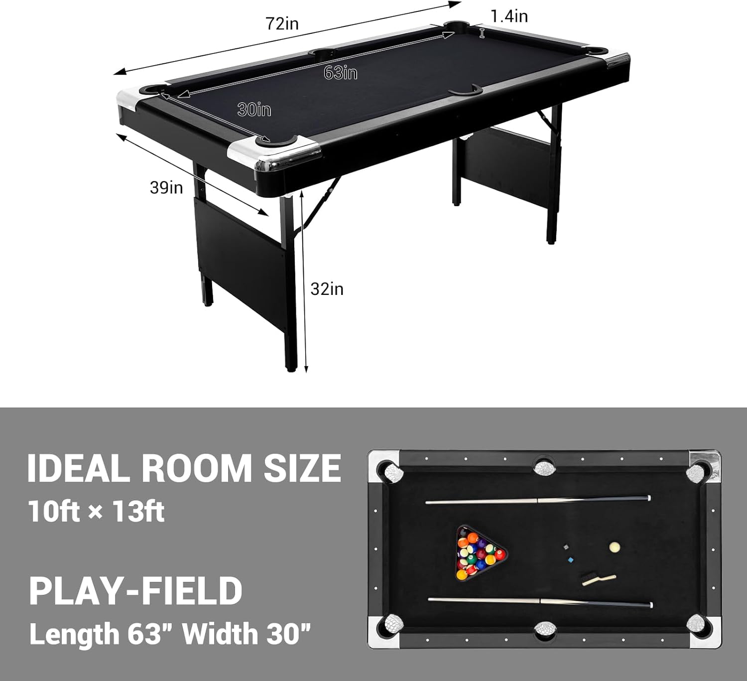 6,7 Foot Foldable Pool Table, Portable Billiards Table with Full Accessories Set, No Assembly, Metal k-Shaped Legs, Includes 16 Balls, 2 Cue Sticks, Chalk, Rack & Brush, Game Room Table for Home, Apar