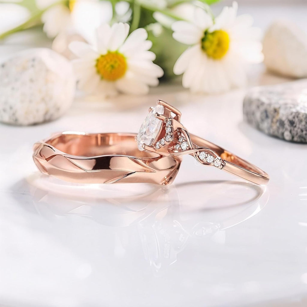 SISGEM Moissanite Couple Rings Set, 10K 14K 18K Solid Gold Moissanite Wedding Rings for Him And Her, Vintage Leaf/Branch Wedding Bands Matching Couple Rings Anniversary Jewelry Gift for Women And Men